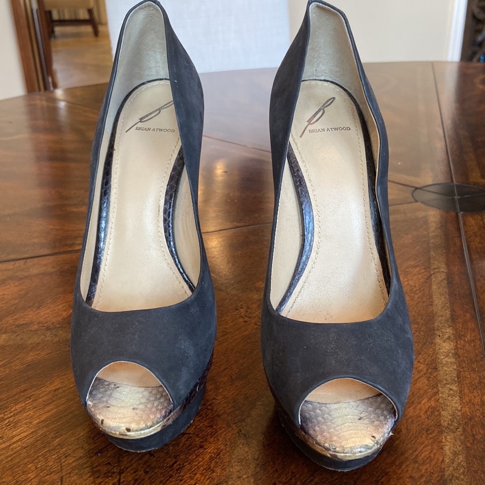 Brian Atwood “Florencio” Suede & Snakeskin Platform Heels - Picture 4 of 9